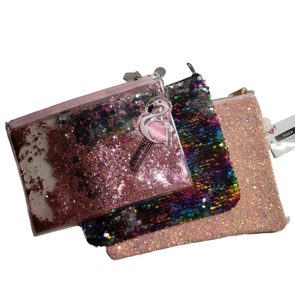 LOT of Glitter Sequin Pencil Cases/Pouches & Keychain- Pink & Rainbow NWT & Used
